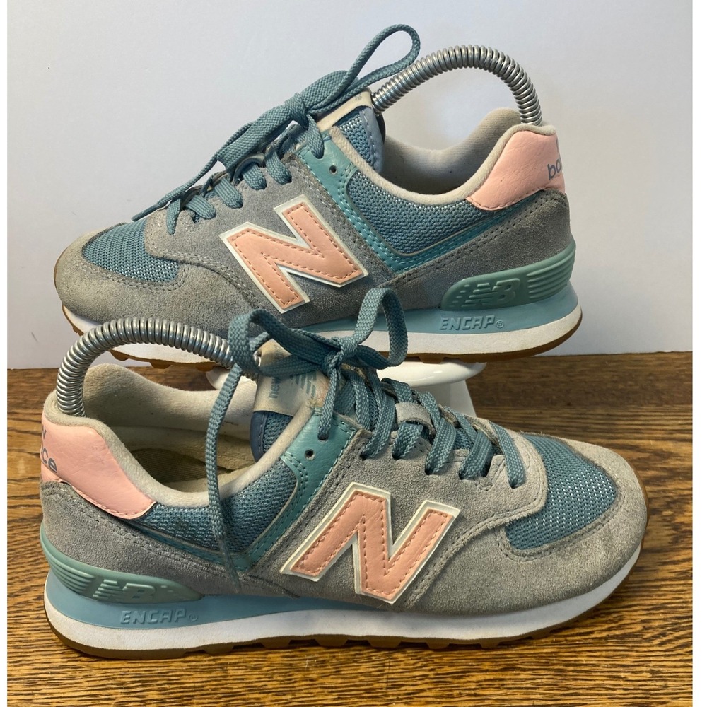 New Balance 574 Womens 6.5 Grey Teal Peach Suede Mesh Sneakers WL574FLB Gum Sole